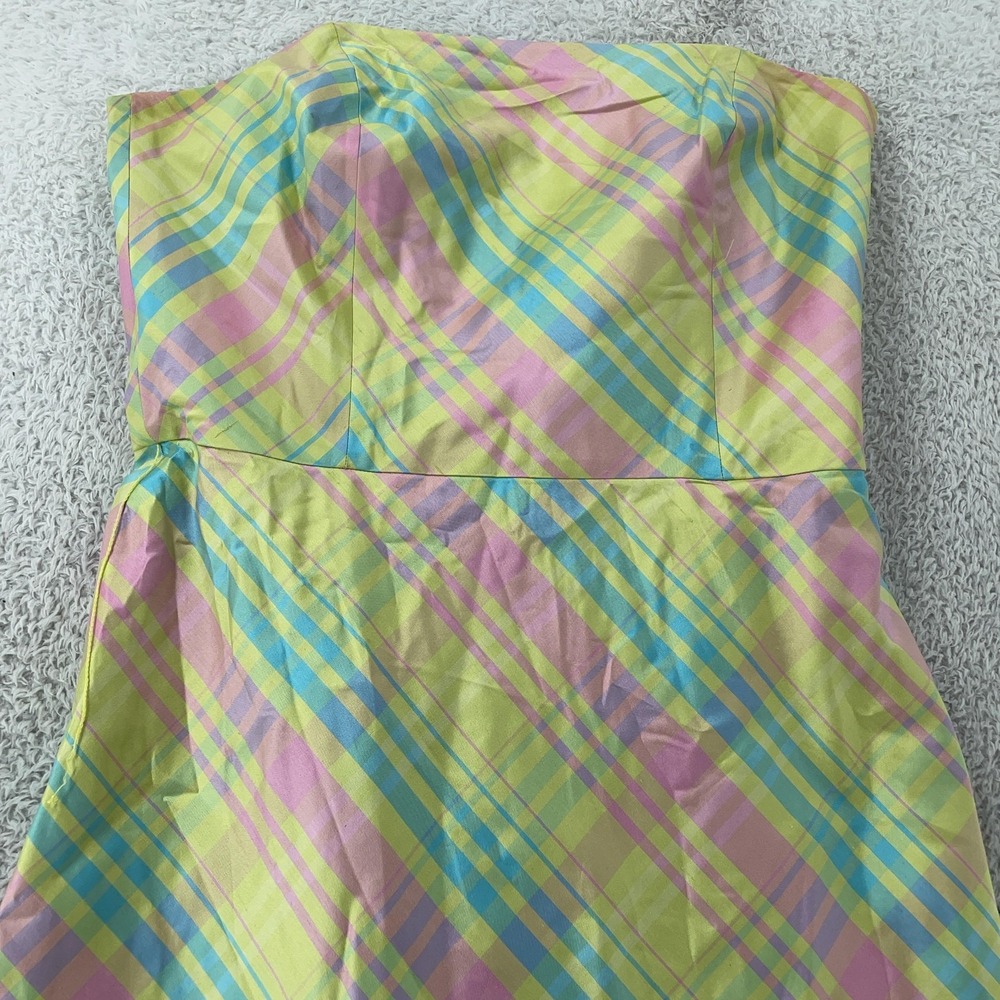 Lilly Pulitzer Silk Strapless Dress‎ Women's 8 Pastel Plaid Green Pink A-Line - Picture 2 of 9
